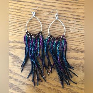 Sparkly Black Leather Earrings Dangle Multicolored - Sterling Silver